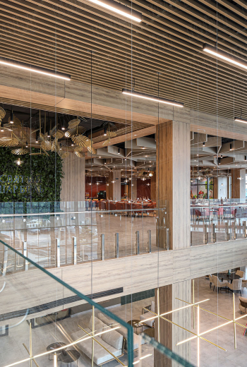 Linear strip ceilings in the health complex: a harmonious combination of wood and metal