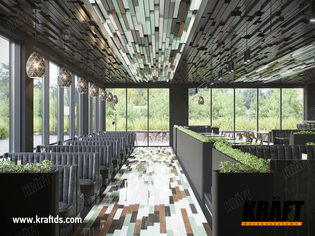 Дизайнерська зелена підвісна стеля з кубоподібної рейки Крафт в кафе