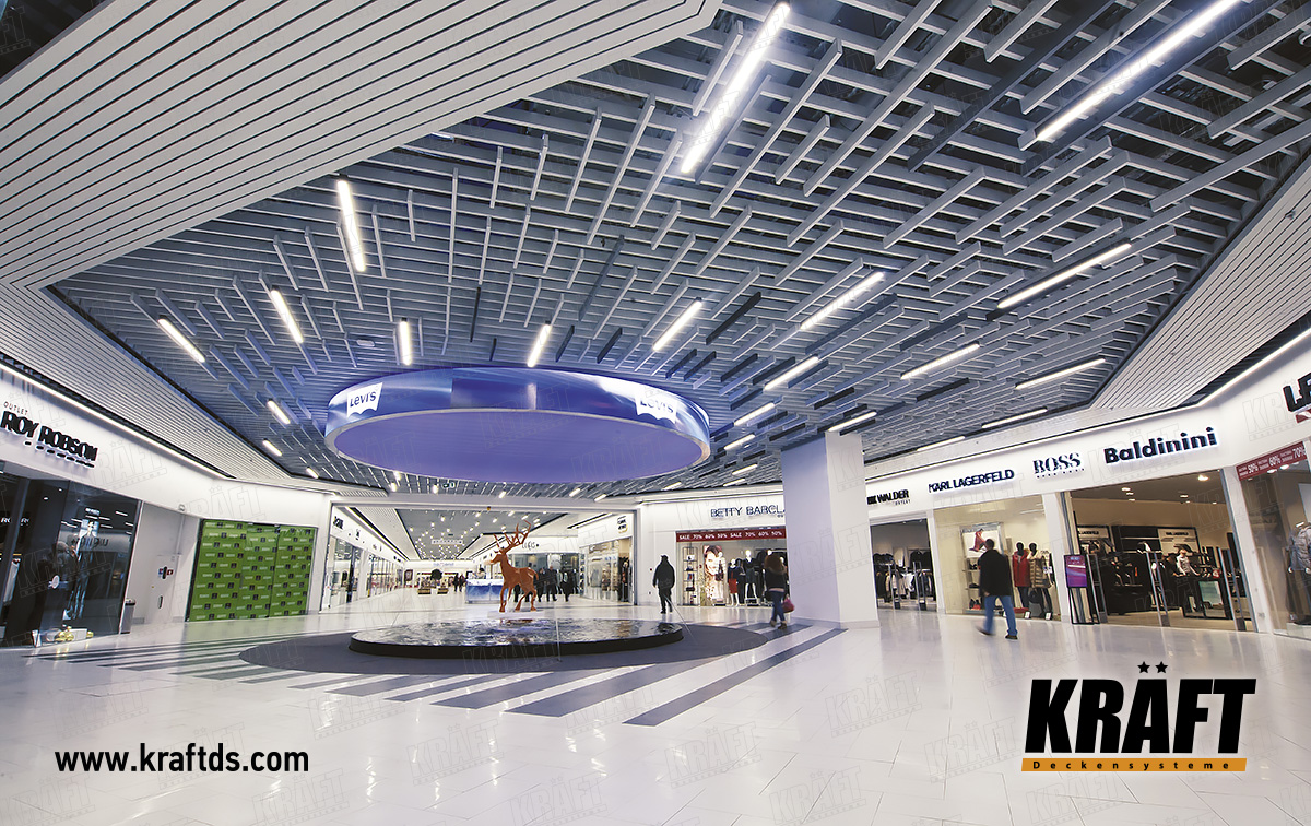Designer rail ceiling in the shopping center 