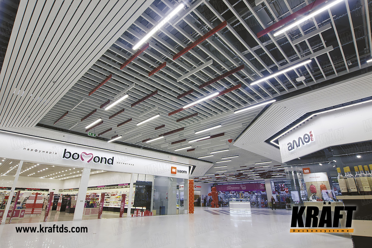 Designer rail ceiling in the shopping center 