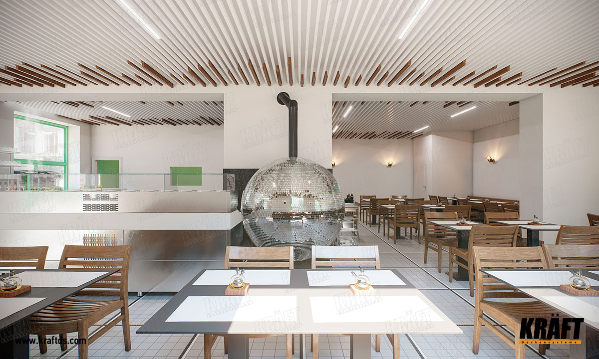 Дизайнерська підвісна стеля з кубоподібної рейки різного кольору в інтер'єрі кафе