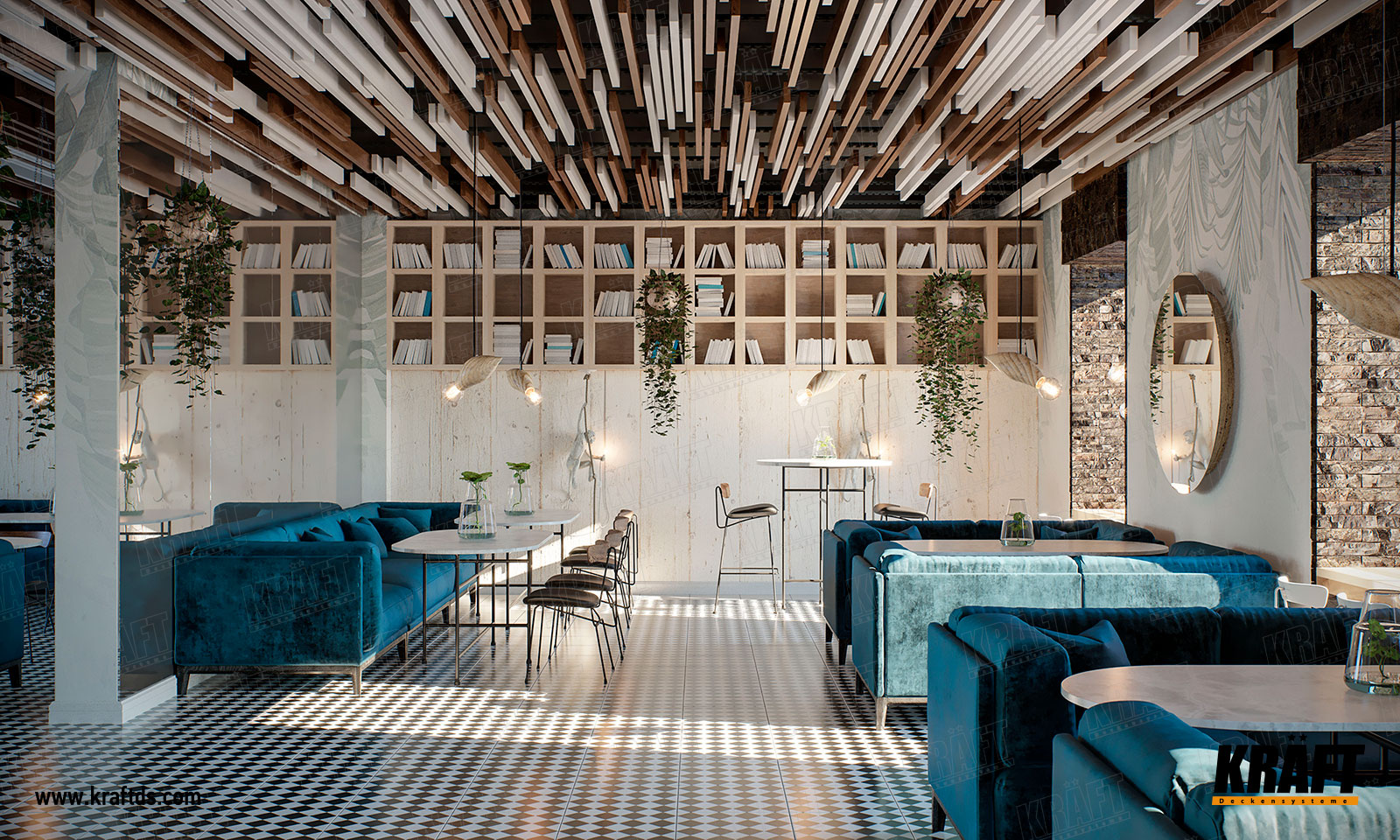 Дизайнерська рейкова стеля з кубоподібної рейки Крафт різної висоти та кольору в інтер'єрі кафе