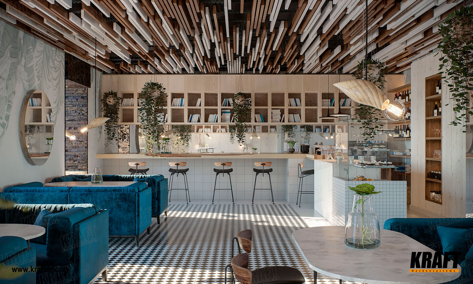 Дизайнерська рейкова стеля з кубоподібної рейки Крафт різної висоти та кольору в інтер'єрі кафе