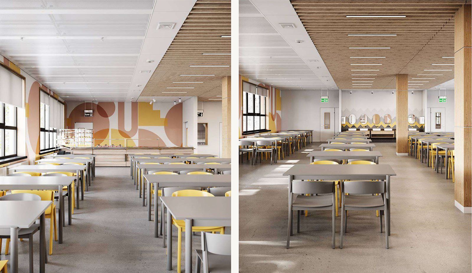 подвесные потолки в дизайне школьных столовых