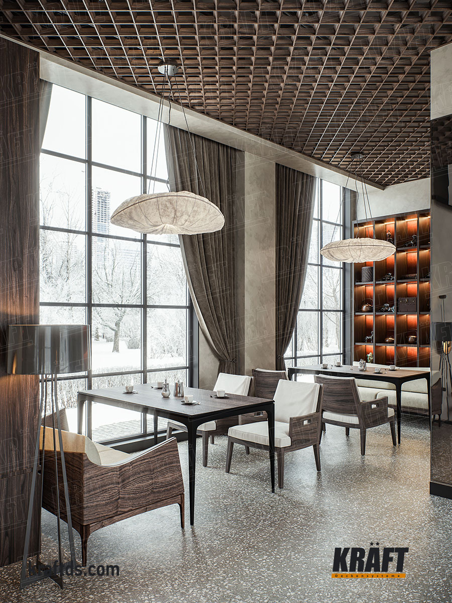 Креативне дизайнерське рішення для підвісної стелі із кубоподібної рейки Крафт в інтер'єрі ресторану