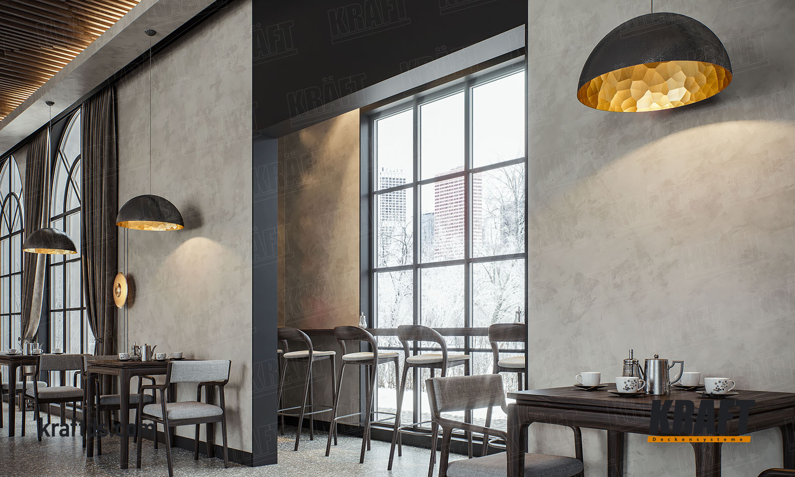 Креативне дизайнерське рішення для підвісної стелі із кубоподібної рейки Крафт в інтер'єрі ресторану