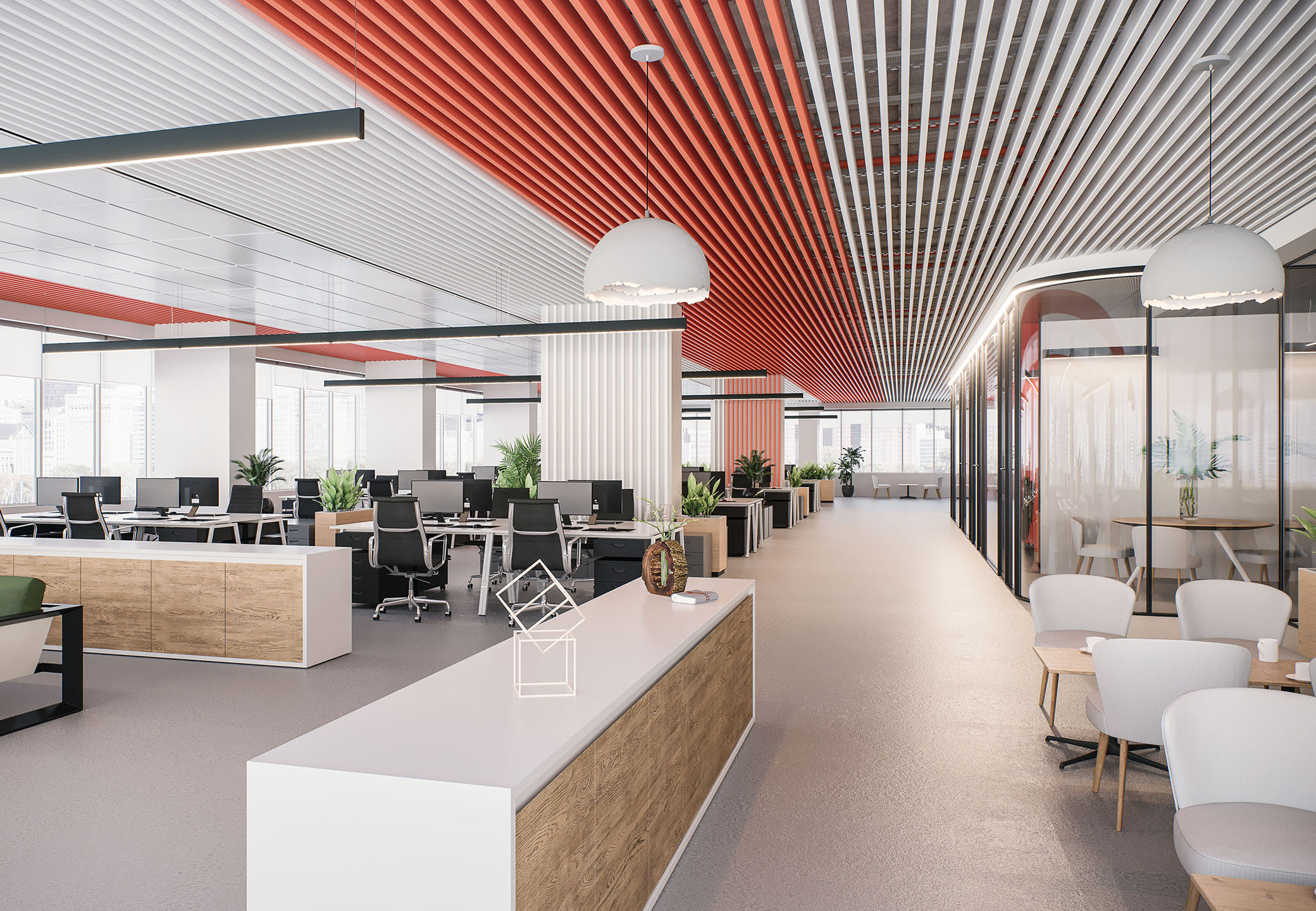 Kraft linear strip ceiling in the interior of the office