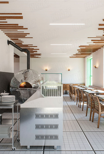 Laconic design: creative linear strip ceiling in a pizzeria (+6 photo)