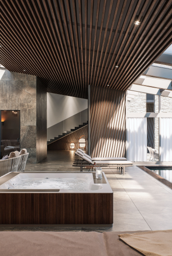 In harmony with nature - a cube-shaped rail with a wood texture in the interior of the pool