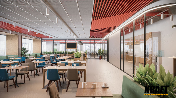 Динамічна стеля в офісі: яскравий дизайн для максимальної продуктивності